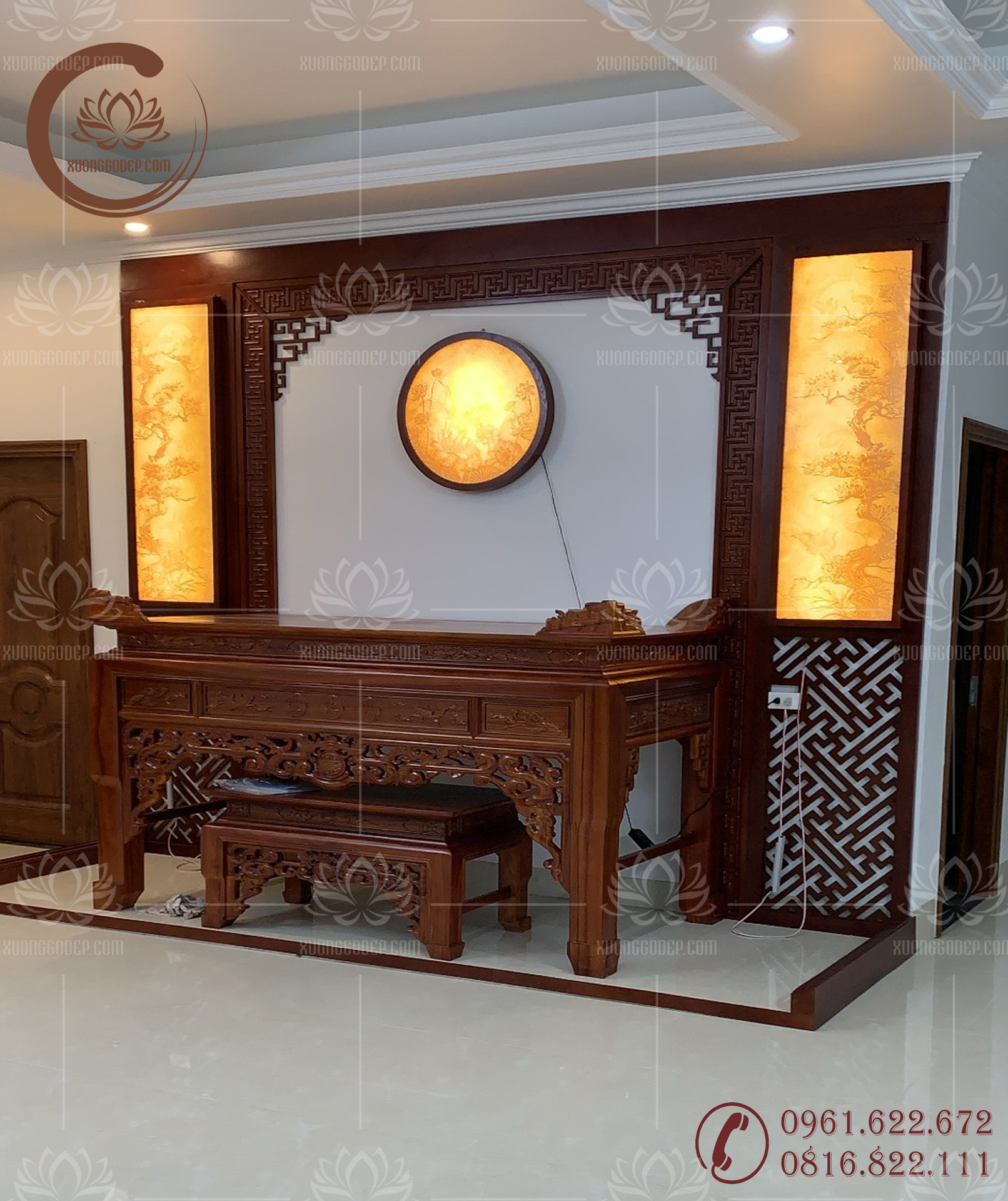 Phòng thờ, bàn thờ Gỗ Hương đẹp  lắp tại Bắc Ninh 